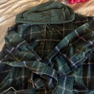 SO Green and Blue Plaid Hoodie Top
